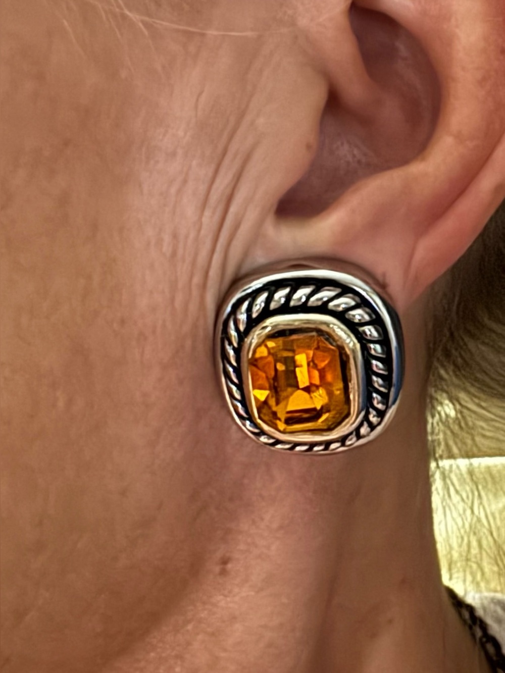 Silver-Tone Rope Frame Earrings with Amber Glass Stone